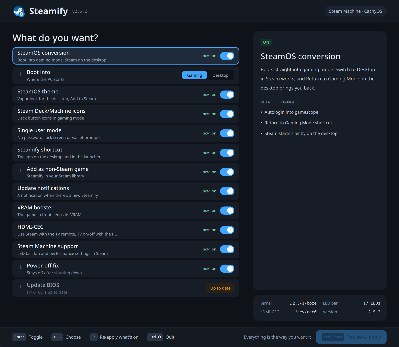 The Steamify app's menu on a Steam Machine