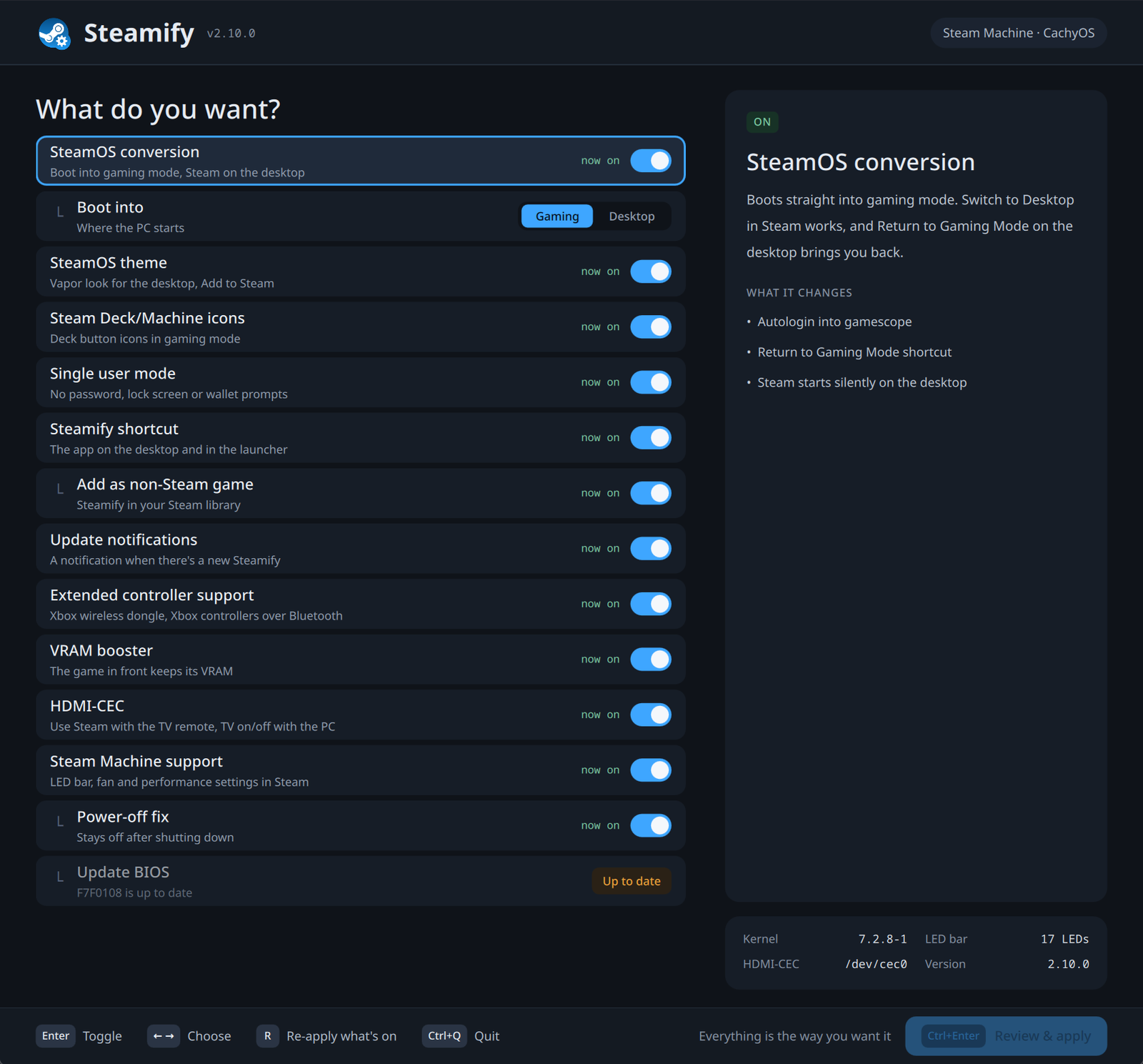 The Steamify app's menu on a Steam Machine