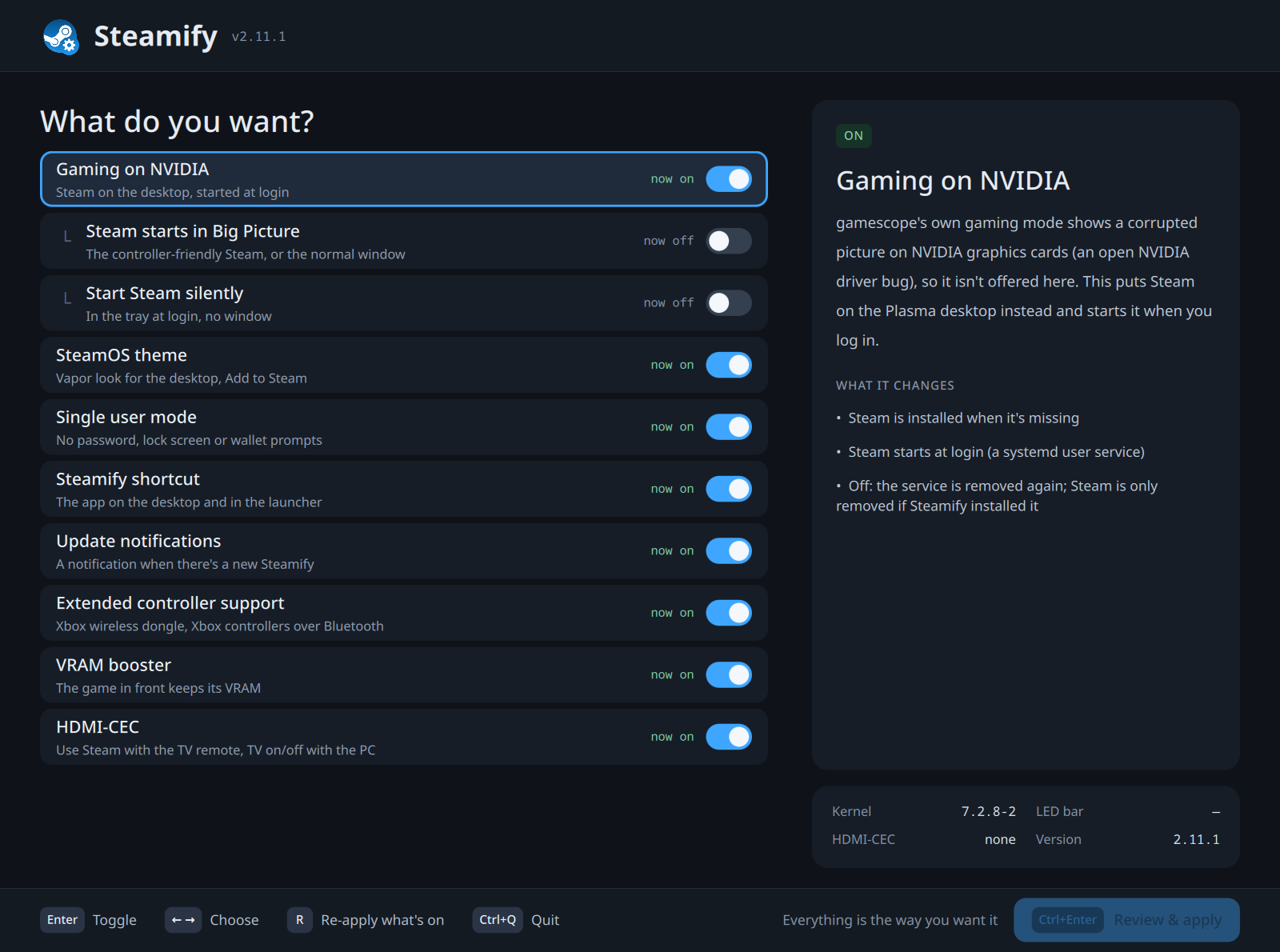 The Steamify app's menu on a PC with an NVIDIA graphics card