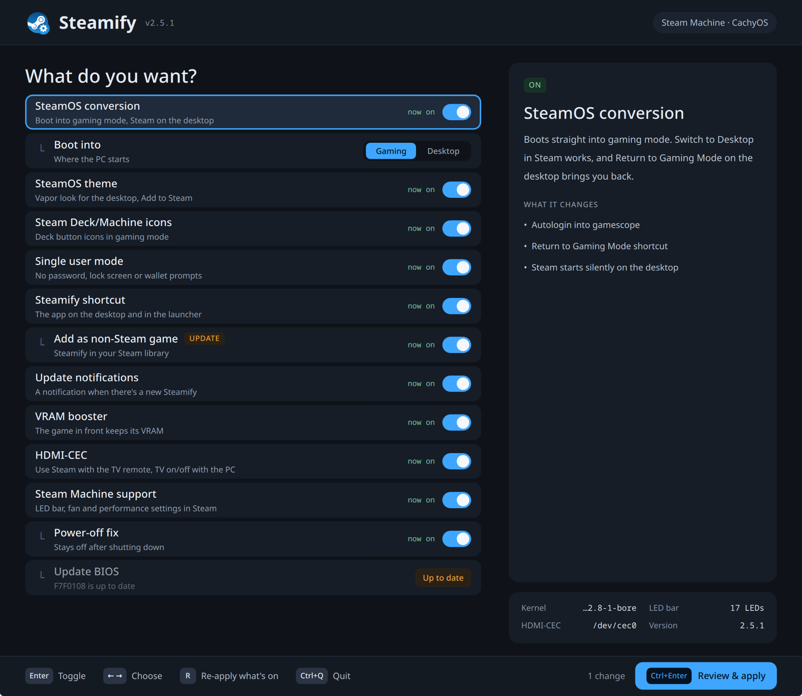 The Steamify app's menu on a Steam Machine