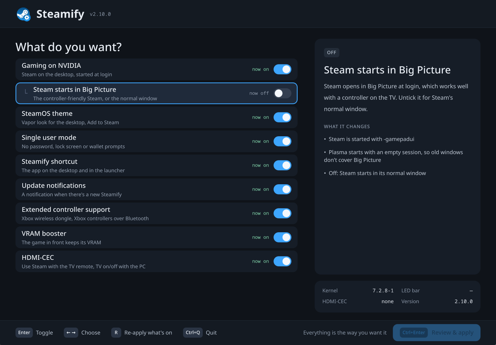 The Steamify app's menu on a PC with an NVIDIA graphics card