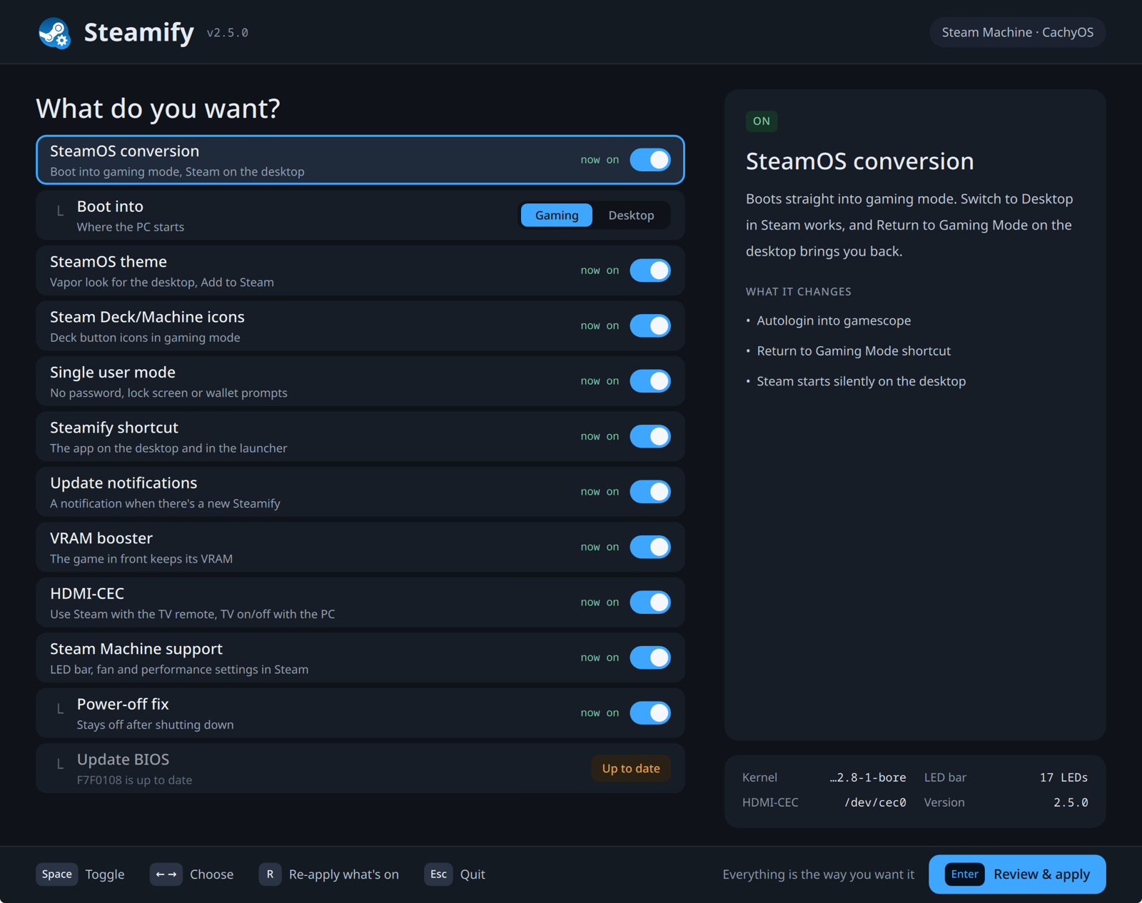 The Steamify app's menu on a Steam Machine