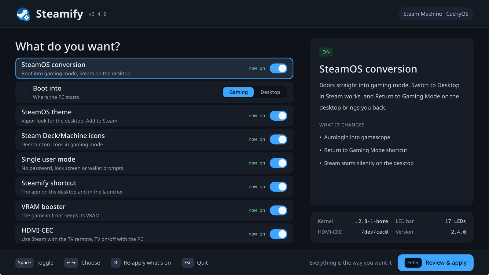 The Steamify app's menu on a Steam Machine