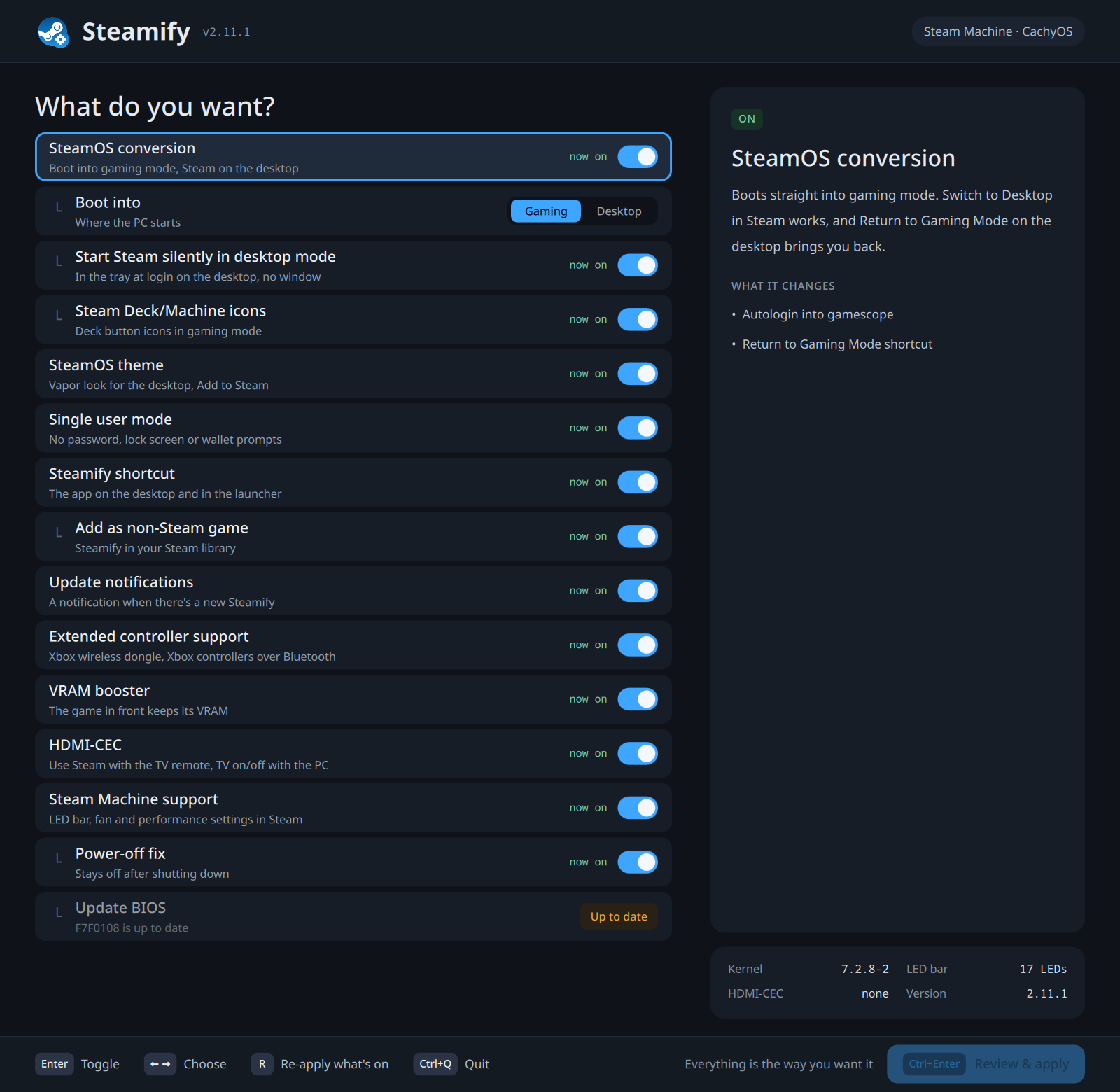 The Steamify app's menu on a Steam Machine