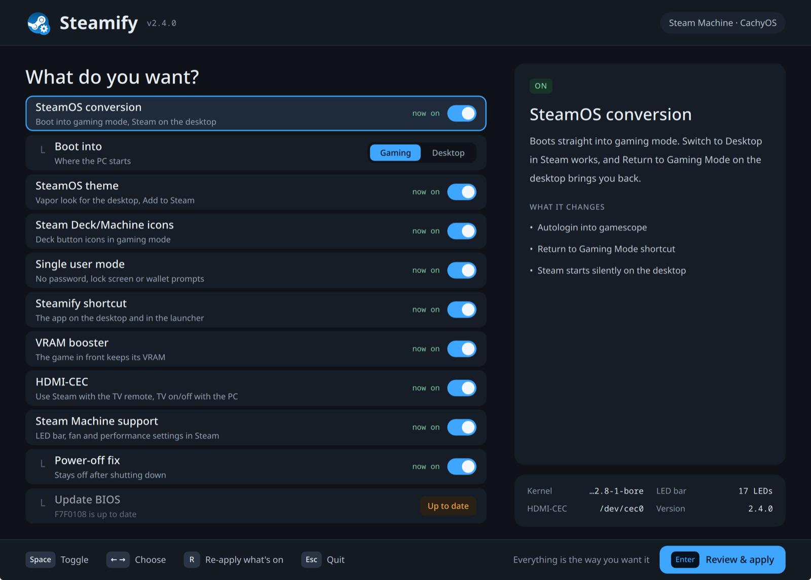 The Steamify app's menu on a Steam Machine